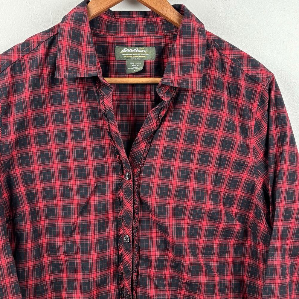 Eddie Bauer Women Large Button Up Long Sleeve Shirt Red/Blk Ruffle V-neck Collar